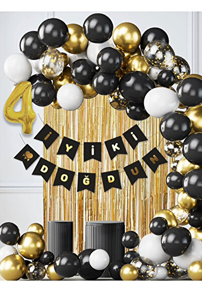 Parti Zamanı 4 Yaş Balonlu Siyah Konsept Doğum Günü Balon Zinciri Toplam 35 P...