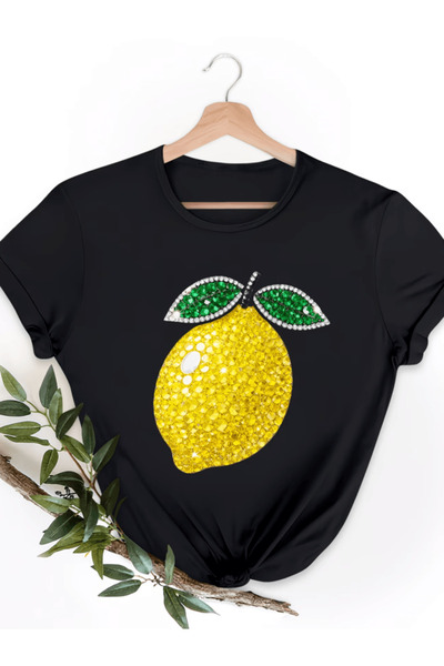 one button Λαμπερό κίτρινο μπλουζάκι με στάμπα λεμονιού, Premium Oversize