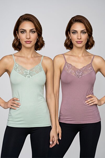fevien Women's 2-Pack V-Neck Lace Rope Strap Cotton Undershirt Stylish Comfor...