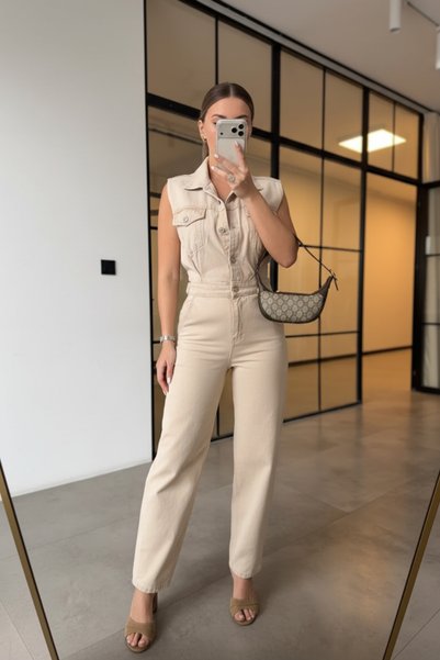 LAYAL MY BEAUTY Kadın Jeans Sıfır Kol Denim Kot Tulum Jean Yeni Sezon
