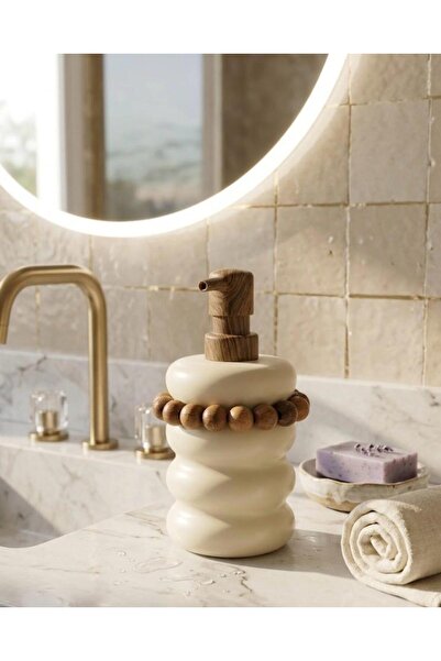 HÜCO BAZAAR Şık Zarif Seramik Kaliteli Ahşap Detaylı Sıvı Sabunluk Banyo Mutf...