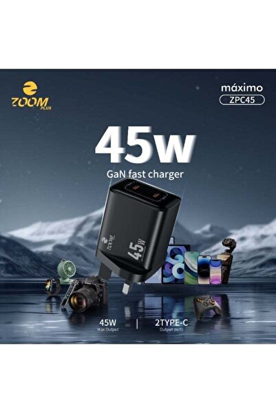 Zoom Plus شاحن ZPC45 Máximo السريع بقوة 45 واط بتقنية GaN - منفذان USB-C، شاح...