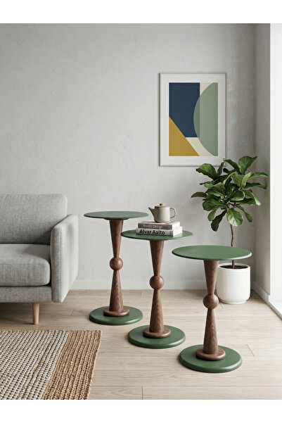 goji home decor 3’lü Ahşap Zigon Sehpa Seti Metal Tabla Yeşil 35 cm Çap 50-55...