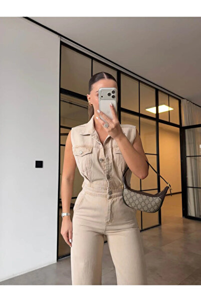 LAYAL MY BEAUTY Kadın Jeans Sıfır Kol Denim Kot Tulum Jean Yeni Sezon
