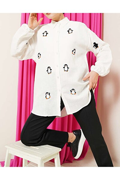 Lavanta Tekstil Πουκάμισο μουσελίνας με κέντημα πιγκουίνου