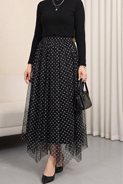 Modamorfo Φούστα σιφόν με ελαστική μέση, ασύμμετρο κόψιμο και επένδυση - μαύρη