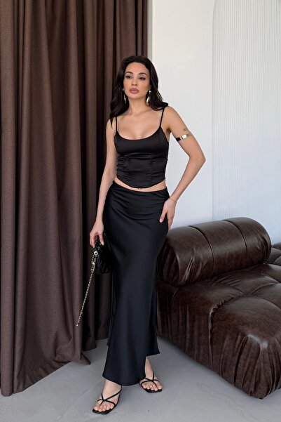 Serica Moda Siyah Beli Lastikli Uzun Saten Etek