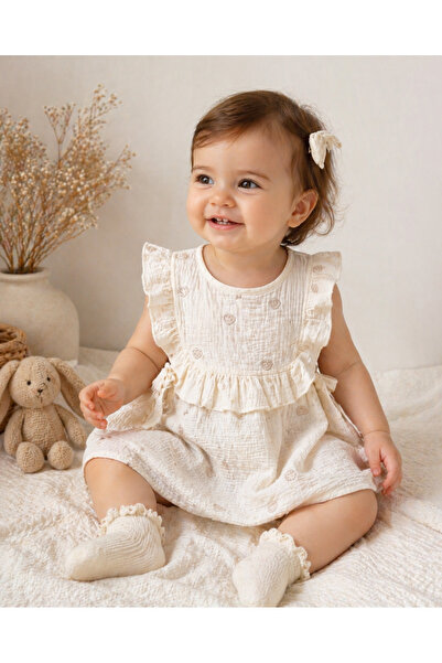 Esvia Baby Co. %70 Pamuk Müslin Kız Bebek Elbise Nakışlı Fırfır Detaylı Bağcı...