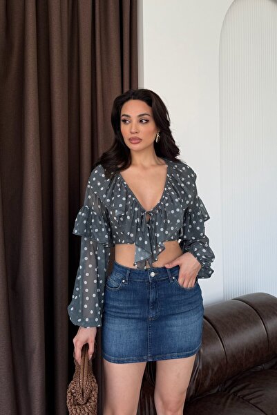 Serica Moda Πράσινη πουά μπλούζα σιφόν με δέσιμο μπροστά