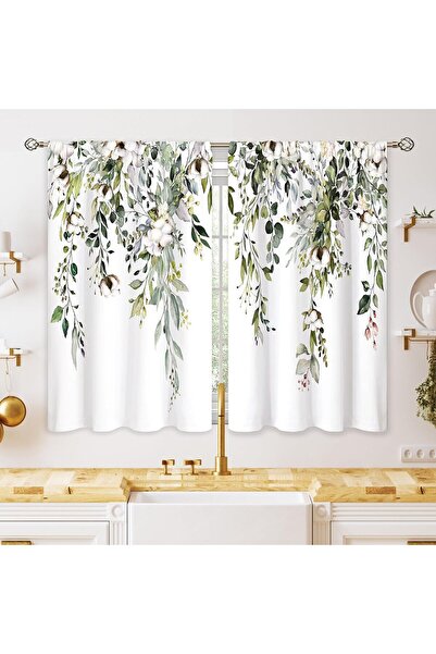 Generic Cotton kitchen curtains with eucalyptus leaf pattern, sage green, flo...