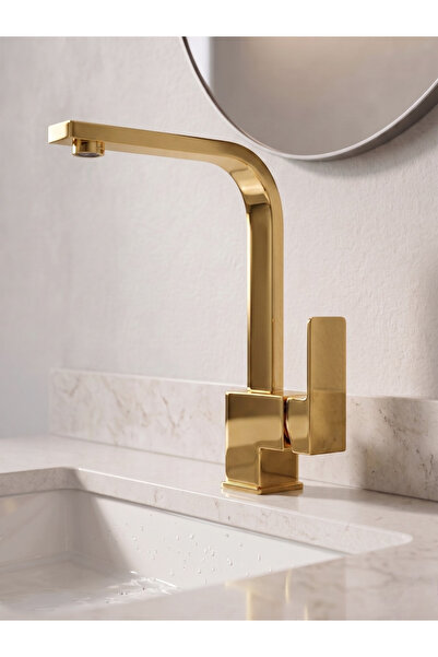 RALKEN Kare Model Gold Altın Banyo Lavabo Bataryası Musluğu - %100 Pirinç, Pa...