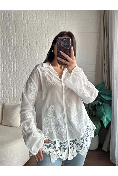 Lavanta Tekstil Υπερμεγέθες Βαμβακερό Πουκάμισο με Κεντημένη Καρδιά και Λεπτο...