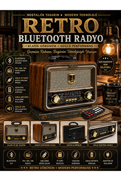 KOLAYEV Retro Ahşap Bluetooth Radyo Kumandalı Şarjlı USB FM AM Nostaljik Hopa...