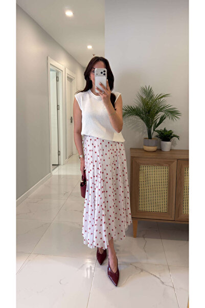 BİRCANÇİL Φούστα Jaste Εκρού με επένδυση και πουά σχέδιο