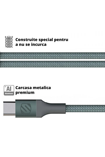 Scosche Cablu de date si sincronizare Lightning - USB-C MFI, impletit - 2.4m, Midnight Green