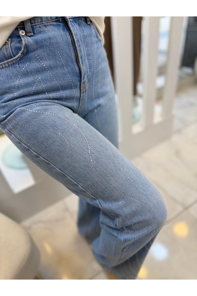 Denim Taş Detaylı Yüksek Bel Slim Fit Jean Pantolon