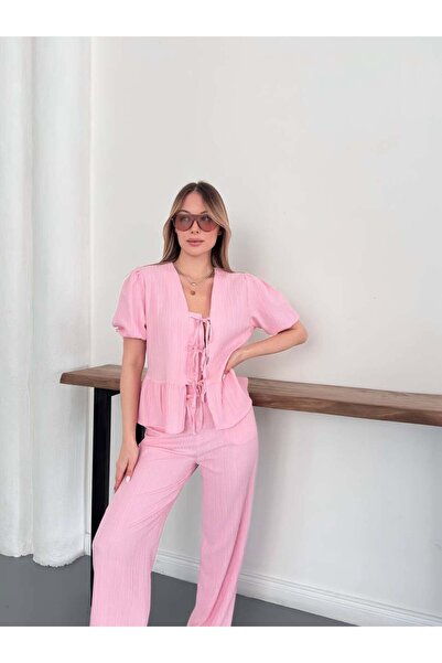 VESS MODA Σετ Μπλούζας και Παντελονιού με Λεπτομέρεια Δέσιμο στο Μπροστινό Μέρος