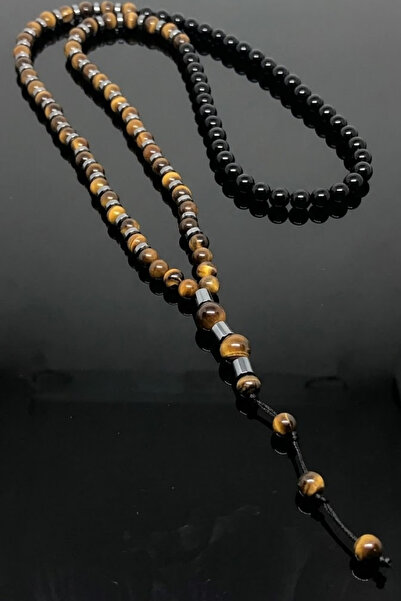 OSMANLI GÜMÜŞ Ανδρικό Σετ Βραχιόλι με Κολιέ Μάτι της Τίγρης και Μαύρες Χάντρες