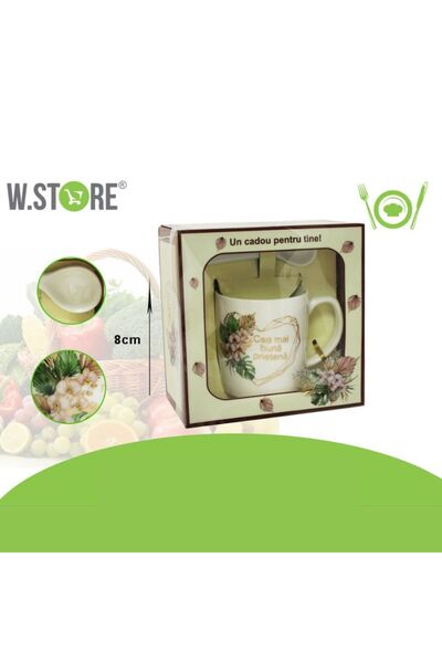 Re Set Cană Ceramică + Lingură, Cadou pentru Cea Mai Bună Prietenă, Design Fl...
