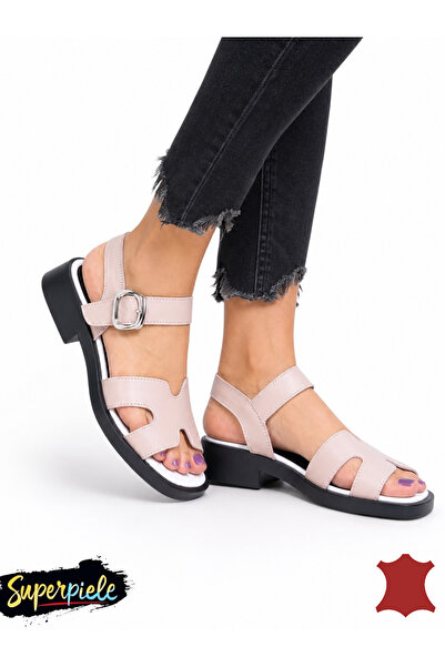 ANGEL BLUE Γυναικεία σανδάλια από φυσικό δέρμα με μικρό τετράγωνο τακούνι και...