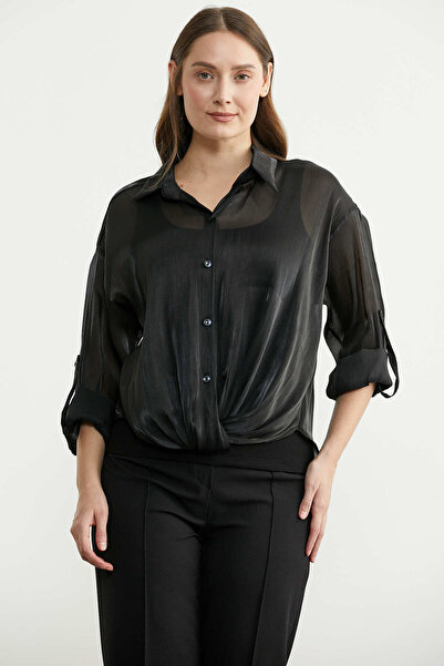 Sementa Front Knotted Glittery Shirt - Black