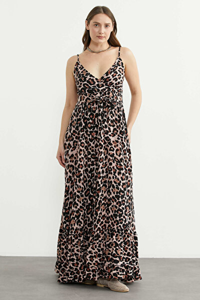 Sementa Μακρύ φόρεμα με τιράντες και σχέδιο λεοπάρ - Μαύρο