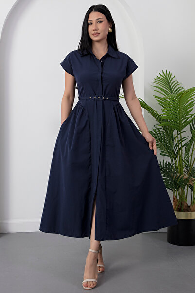 PULLIMM Φόρεμα με γιακά πουκάμισου, κουμπιά και ζώνη GRS3953