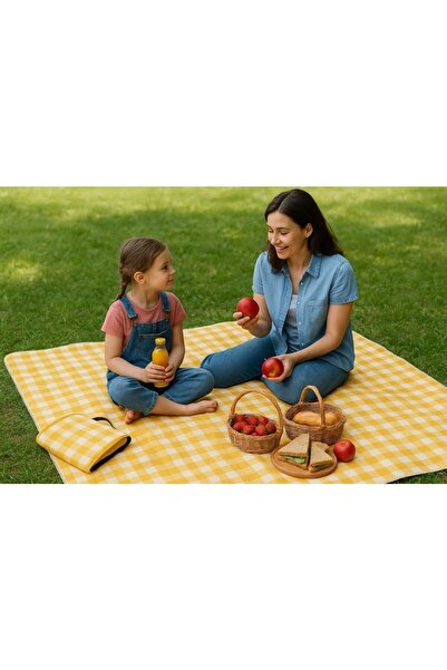 Home Tu Kendinden Çantalı Sarı Ekose Piknik Örtüsü 150X150 cm Taşınabilir Cır...
