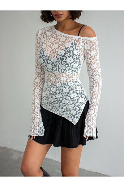 CrepTekstil Crep Women's Lace Asymmetrical Body – One-Shoulder Long Sleeve Tr...