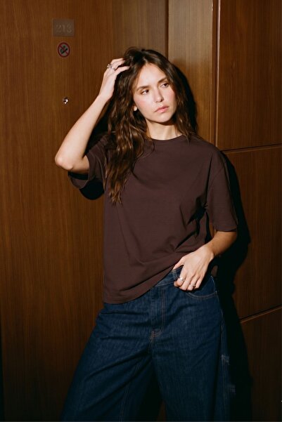 Yefrastore Γυναικείο καφέ μπλουζάκι oversize από βαμβάκι με κοντό μανίκι