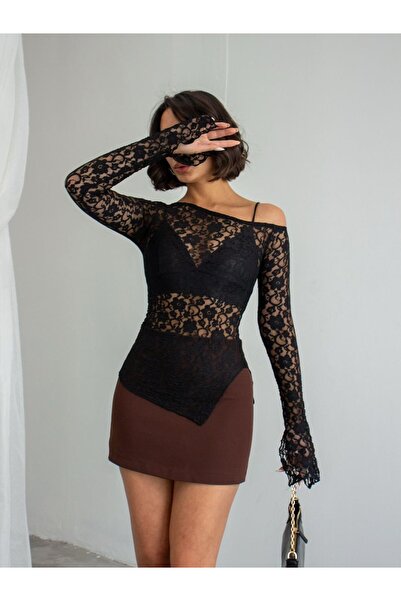CrepTekstil Crep Women's Lace Asymmetrical Body – One-Shoulder Long Sleeve Tr...