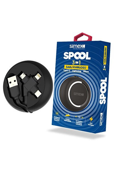 Simex 3in1 Şarj Kablosu Type-C Lightning Micro USB 2.4A Makaralı Seyahat Tipi...