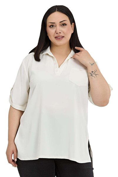 DISENTIS MODEST Μπλούζα εκρού μεγάλου μεγέθους με λεπτομέρεια κουμπιών στο γι...