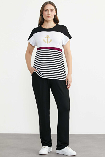 Sementa Μαρινέ Ριγέ Σετ από Διπλό Χτενισμένο Βαμβάκι - Μαύρο