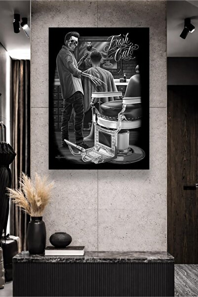 DEKORTR Fresh Cut Berber Kanvas Tablo Siyah Beyaz Retro Barber Shop Tasarım E...