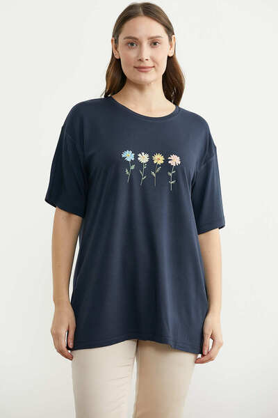 Sementa Floral Printed Crew Neck T-Shirt - Navy Blue