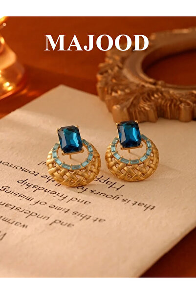 MAJOOD Elegant Vintage French Hollow Braided Gold Hoop Blue Crystal Earrings ...