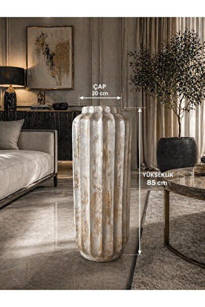 Yades Modern Krem Gold Efektli Antrasit Oluklu Büyük Boy Dekoratif Saksı