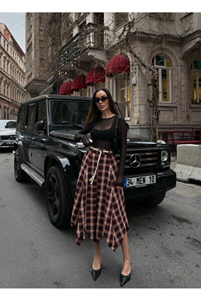 BLUSS Γυναικεία καρό φούστα με ψηλόμεσο σχέδιο και ζώνη, ασύμμετρη κοπή