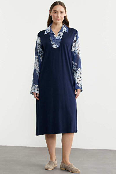 Sementa Άνετο Φόρεμα Σιφόν με Συνδυασμό Υφασμάτων - Ναυτικό Μπλε