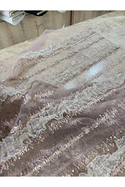 METERİAL Țesătură din tul cu paiete brodate și dantelă în tonuri pudră - Roch...