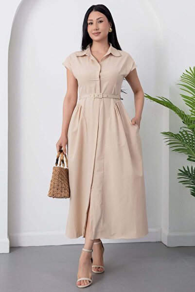 PULLIMM Φόρεμα με γιακά πουκάμισου, κουμπιά και ζώνη GRS3953