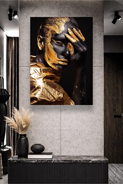 DEKORTR Gold Detaylı Kadın Portre Kanvas Tablo Siyah Modern Sanat Lüks Yüz Ta...