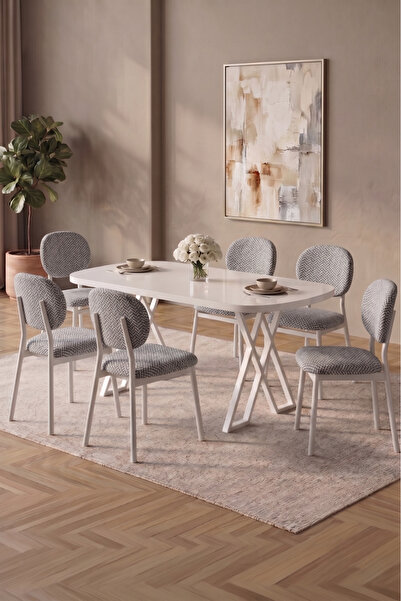 Rovena HOOLİ Beyaz 90x168 Sabit Yemek Masası Mutfak Masası Takımı 6'lı sandal...