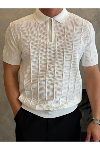 ECARTS Men's Relaxed Fit Honeycomb Textured Knitwear Tshirt White Eca075
