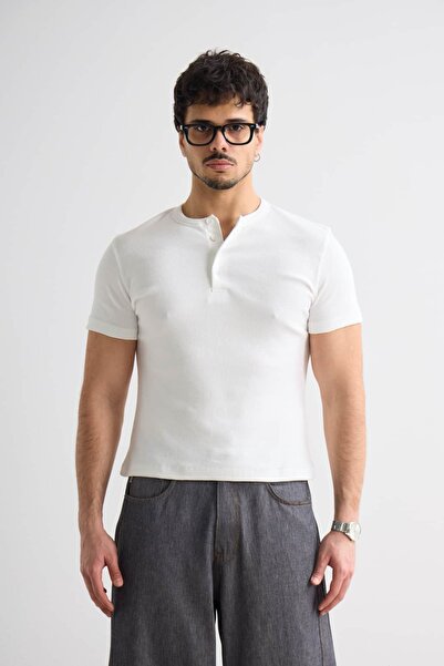 hitup Henley Yaka Fitil Detaylı Kısa Kollu Premium Tişört