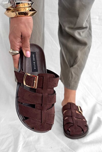 Shoebutik Mirella Bitter Brown Suede Buckle Detail Women's Slippers
