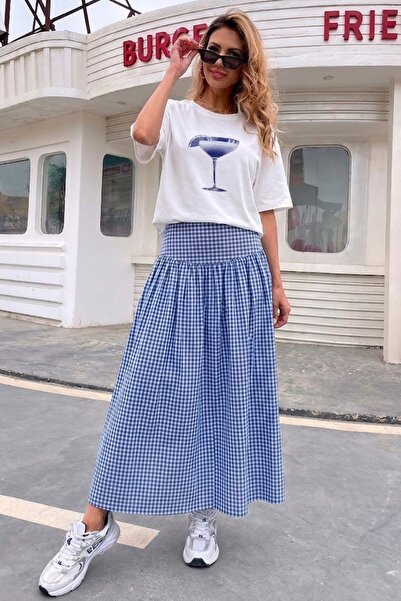 The Champ Clothing Γυναικεία καρό μάξι φούστα Belle μπλε – Ψηλόμεση, με φερμο...