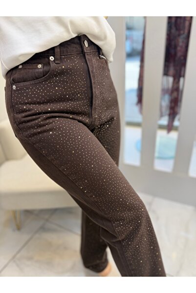 Denim Taş Detaylı Yüksek Bel Kahverengi Jean Pantolon