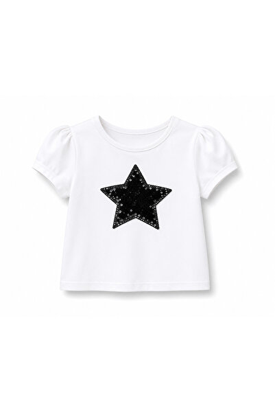 HER ŞEY NOTA www.herseynota.com Tricou alb pentru fete cu aplicații stea – Mâ...